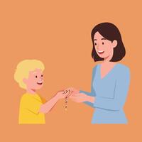 Mother and child sharing a colorful bracelet in flat art vector