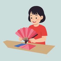 Child joyfully creating a colorful fan in flat art style illustration vector