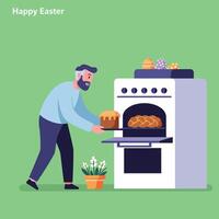 Man baking bread in oven with Easter decorations flat art vector