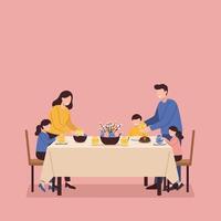 Family enjoying a meal together in a flat, minimal art style vector
