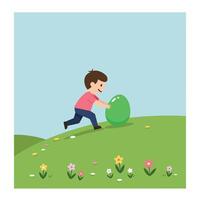 Child joyfully rolling a large green egg in a flat art style vector