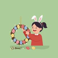 Child with bunny ears creating colorful Easter wreath in flat art vector
