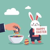 Easter bunny holding sign with colorful eggs in flat illustration vector