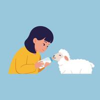 Child feeding a baby lamb in flat art style with soft colors and simple shapes illustration vector