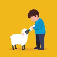 Boy feeding a sheep in bright flat design art vector
