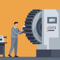 Man operating machinery with gear in flat minimal illustration vector