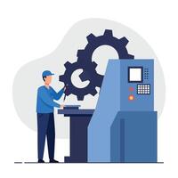 Worker operating machine with gears in flat art style for industrial design vector
