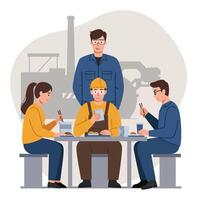 Group of workers enjoying lunch at table in flat illustration vector