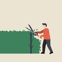 Gardener trimming bushes in flat design style art vector