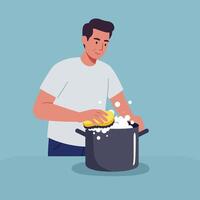 Man cleaning a pot with a sponge in flat illustration vector