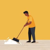 Man sweeping floor with broom in minimal flat design art vector