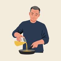 Man pouring liquid into a frying pan in flat art style illustration vector