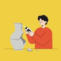 Person repairing broken pottery with glue in flat art vector