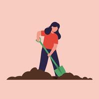 Woman digging in soil with shovel in flat style art vector