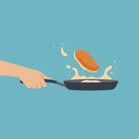 Hand flipping pancake in frying pan with colorful splash flat art vector