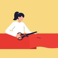 Seamstress using scissors to cut fabric in flat art vector