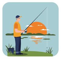 Fisherman casting line at sunset in flat art vector