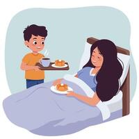 Child Serving Breakfast in Bed to Mother in Flat Art Style vector