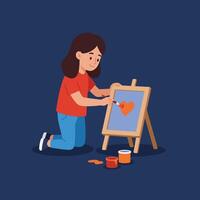 Child painting a heart on an easel in flat art style vector