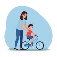 Child Learning to Ride Bicycle with Parent Support in Flat Art vector