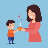 Child presenting a warm beverage to a smiling mother in flat art vector
