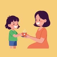 Child giving warm drink to smiling parent in flat art vector