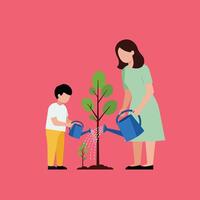 Mother and child watering a small tree in flat illustration vector