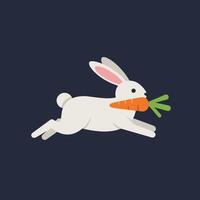 Rabbit hopping with a carrot in its mouth in flat art vector