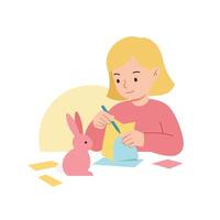 Girl crafting with paper and scissors in flat design art vector