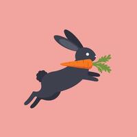 Black rabbit carrying a carrot in flat art style jumping across the frame art vector