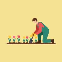 Gardener planting colorful flowers in flat minimal art style illustration vector