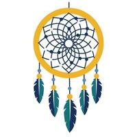 Dreamcatcher design featuring intricate web and colorful feathers in flat art style vector