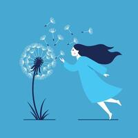 Girl blowing dandelion seeds in a whimsical flat art style vector