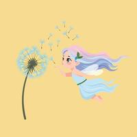 Fairy blowing dandelion seeds in flat, colorful, whimsical style illustration vector