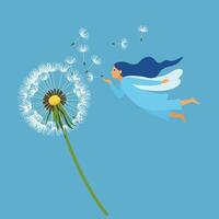 Fairy blowing seeds from dandelion flower in flat art style vector