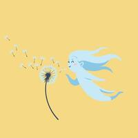 Dreamy character blowing dandelion seeds in flat style art vector