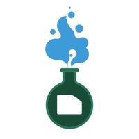 Green laboratory flask with blue bubbling liquid in flat art style vector