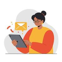 Woman using tablet to check email notifications in flat art vector