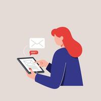 Woman using tablet to send message in flat art style vector