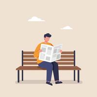 Man sitting on a bench reading a newspaper in flat art vector