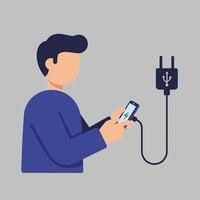 Person using smartphone while charging with USB cable in flat art vector