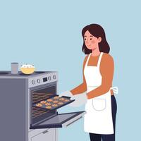 Woman baking cookies in oven with flat minimal design art vector
