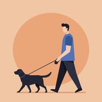 Man walking a black dog in flat and minimal art vector