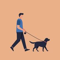 Person walking a dog in a flat and minimal design art vector