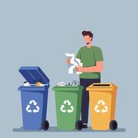Person sorting recyclables in flat art with colorful bins and clear labels vector