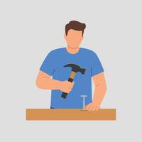 Man using a hammer on wood in flat illustration style vector