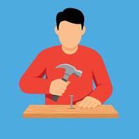 Man using a hammer to drive a nail into wood flat art vector