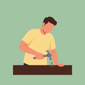 Man using a hammer on wood in flat and minimal art vector