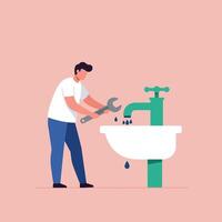 Plumber fixing sink with wrench in minimal flat style illustration vector