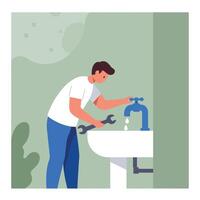 Person fixing a leaking faucet in flat minimal art vector